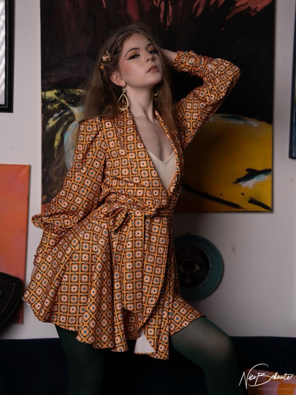 Alexia Admor Rust Orange Geometric Long Sleeve Dress with Cream Accents